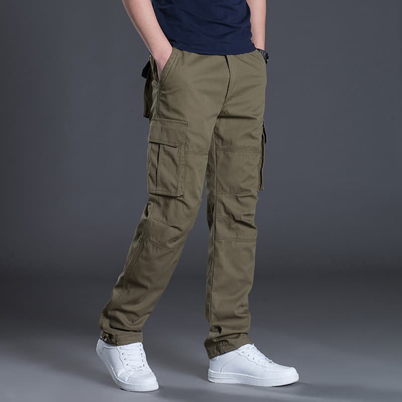 Calça Cargo Masculina 100 % Algodão Primavera Outono Com Vários Bolsos Soltos Calças De Trabalho Retas