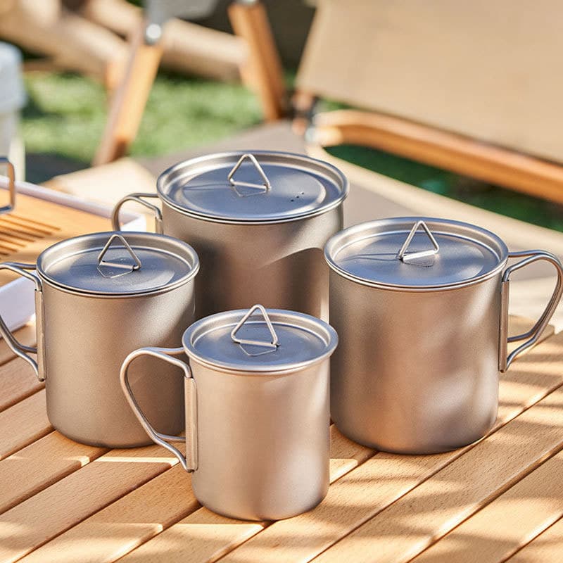 Caneca De Acampamento De Titânio Puro Alça Dobrável Com Tampa Copo Leve Ao Ar Livre 7 Tamanhos Panelas Para Caminhada