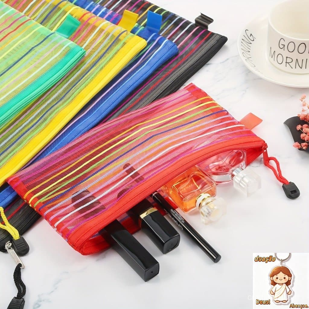 KIT 10 Estojo Multiuso Bolsinha Nylon Colorido Necessaire 13 X 23 Cm Papelaria Criativa Promoções