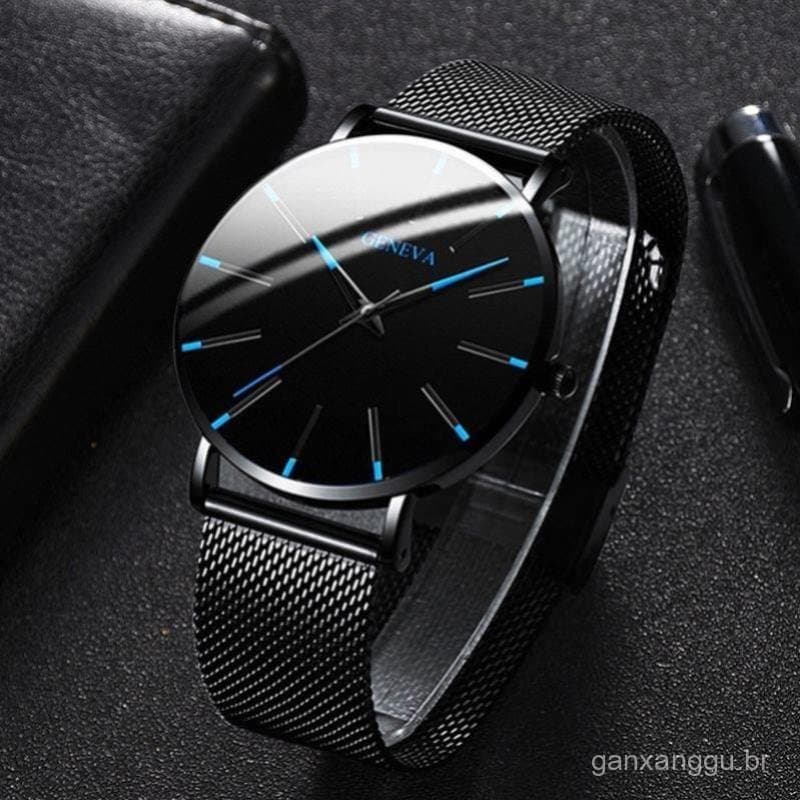 Relógio masculino azul de moda, muito vendido, relógio de quartzo com pulseira de malha, estoque do fabricante, disponív