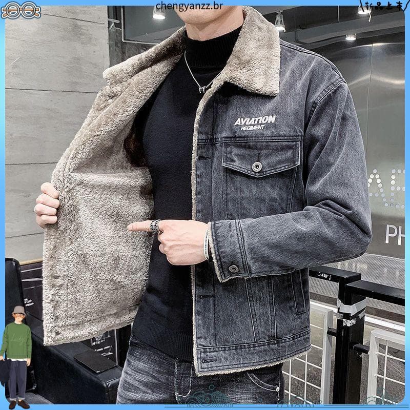Inverno americano Retro cordeiro forro de lã engrossado quente Denim jaqueta masculina versão coreana solta na moda jaqu