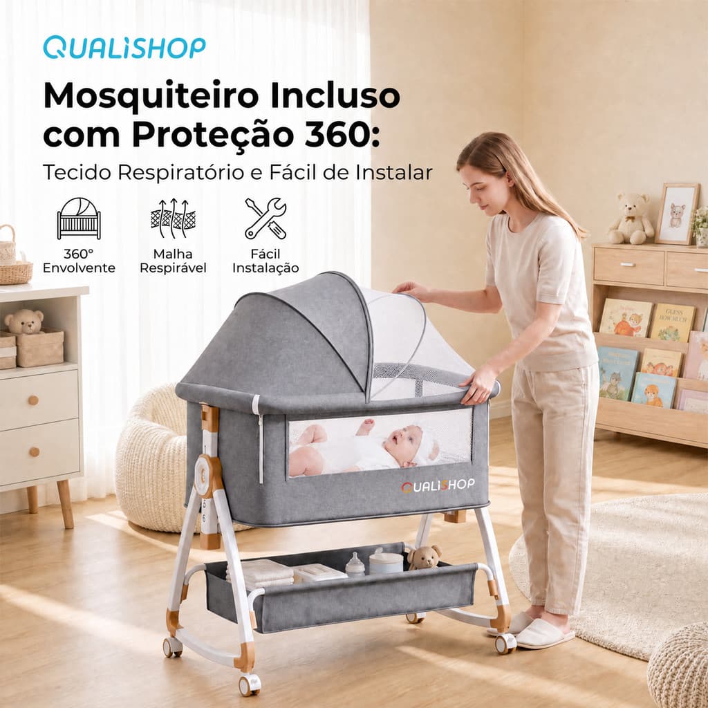Berço Moisés Portátil Cinza Co-leito Bebê Mosquiteiro Rodas