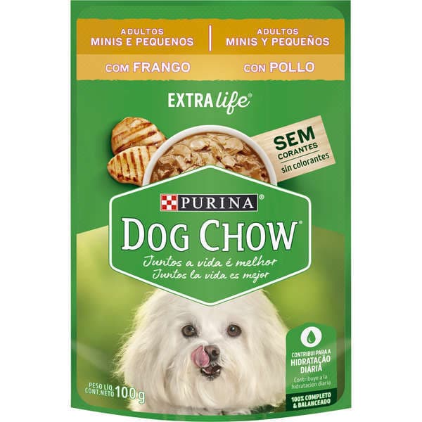 Ração Úmida Dog Chow Adultos - Raças Mini e Pequenos - Sabor Frango Sachê 100g - Caixa Fechada com 15 unidades.