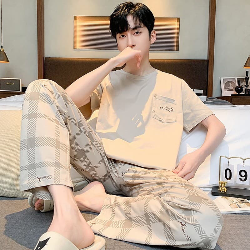 Pijamas masculinos verão 2026 novo estilo puro algodão Shorts de manga curta Casual masculino de duas peças simples Home