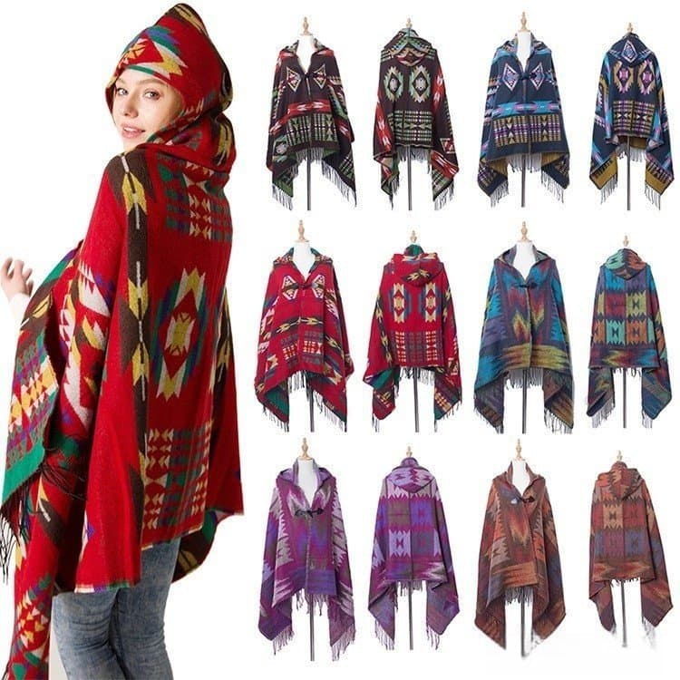 Cobertor Feminino Com Capuz Poncho Knit Padrão Retro Tassel Travel Cape