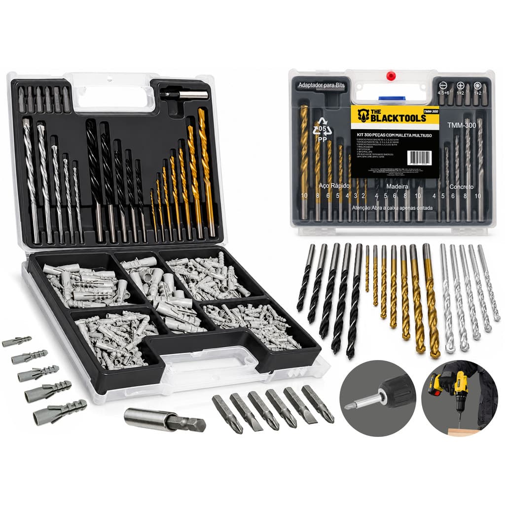 Kit 300 Peças Ferramentas Jogo De Brocas e Buchas Para Concreto Madeira Metal