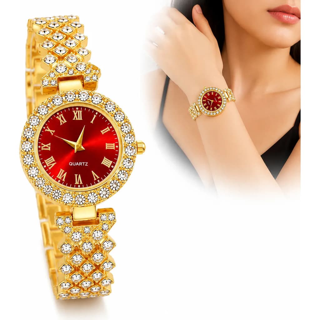 Relógio Feminino Social Cravejado Com Strass Vermelho Luxo
