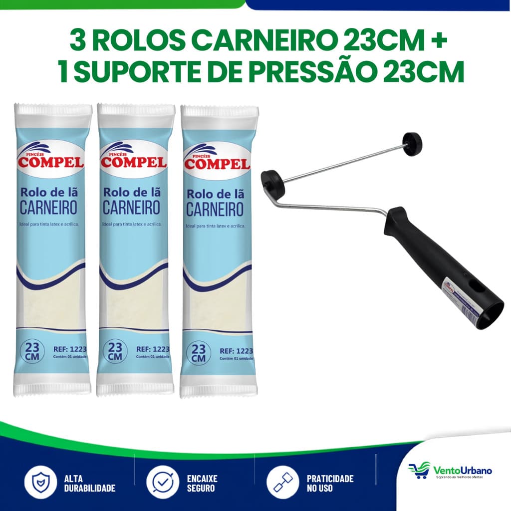 Kit pintura 3 rolos carneiro + 1 suporte de pressão 23cm