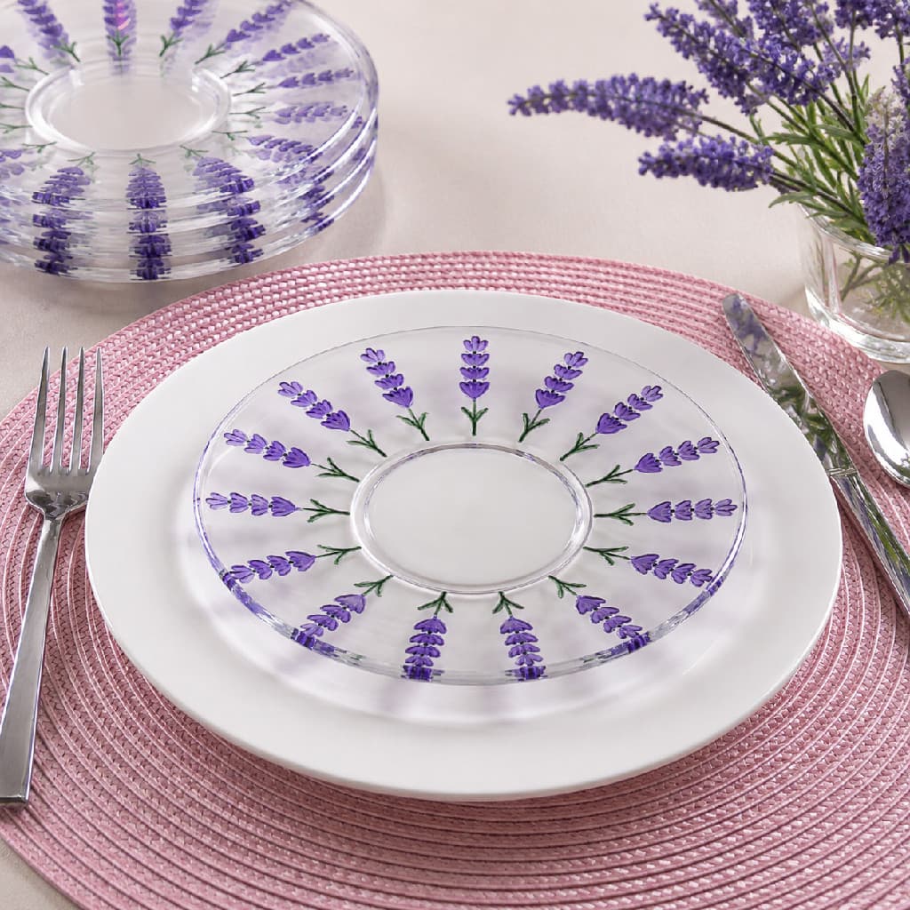 Jogo 6 Pratos Sobremesa Lyor Lavanda Pintado a Mão Roxo Transparente Requintado Luxo Mesa Posta 19cm Conjunto Kit