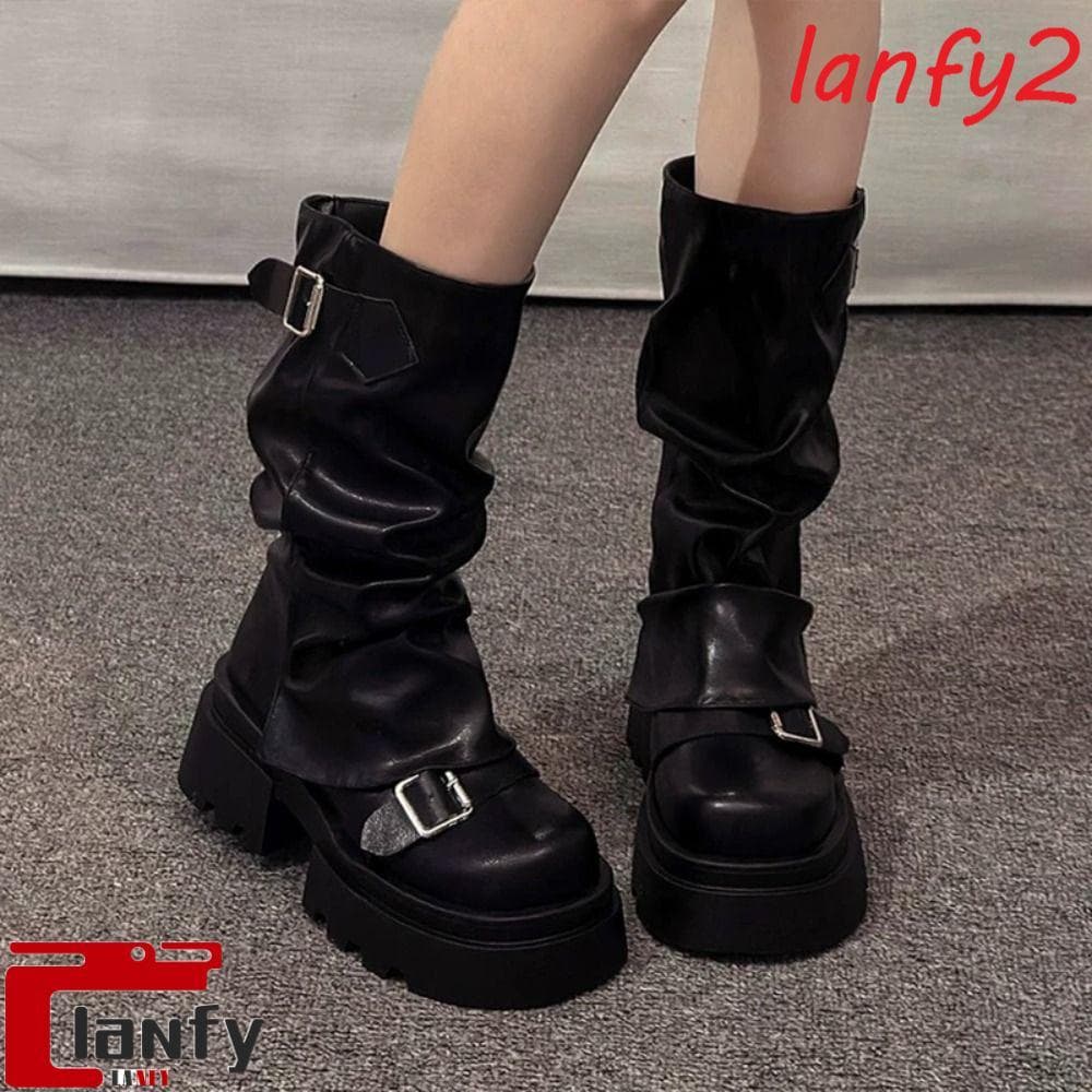 LANFY Botas Femininas Até O Joelho , De Motociclista Com Plataforma Harajuku , Novo Design Y2K Punk Mid Pipe Boots