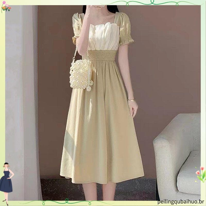 Vestido francês de gola quadrada 2026 verão novo estilo longo manga curta Design nicho suave cintura estreita saia mais