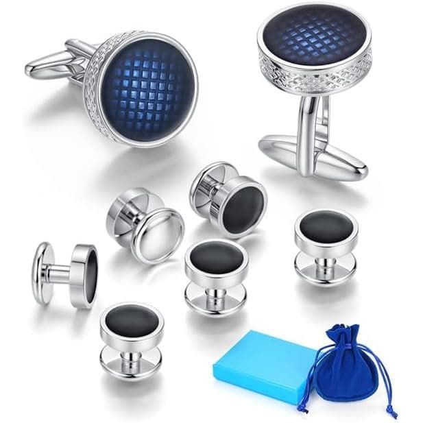 Abotoaduras Masculinas Azuis, Conjunto de Abotoaduras Masculinas e Botões de Smoking, Abotoaduras para Homens em Caixa d