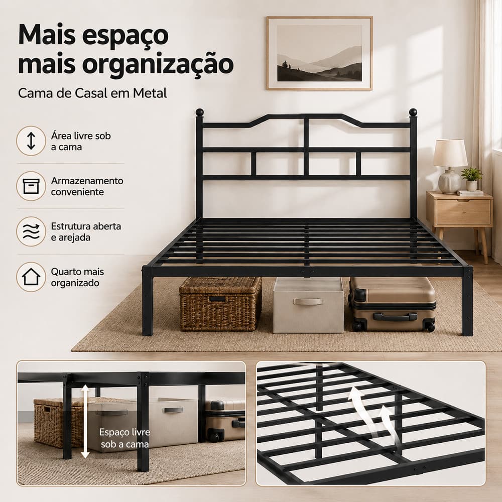 Cama de Solteiro e Casal Estrado de Metal Suporta até 1350kg com Tomada Cama de Ferro para Apartamento
