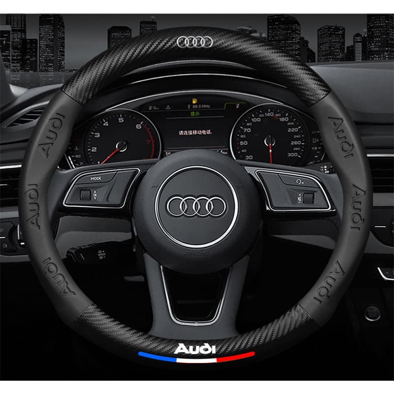 Capa de Volante de Carro em Couro de Fibra de Carbono com Relevo 3D 38cm para Audi Sline A1 A3 A4 A5 A6 A7 A8 Q2 Q3 Q5 Q