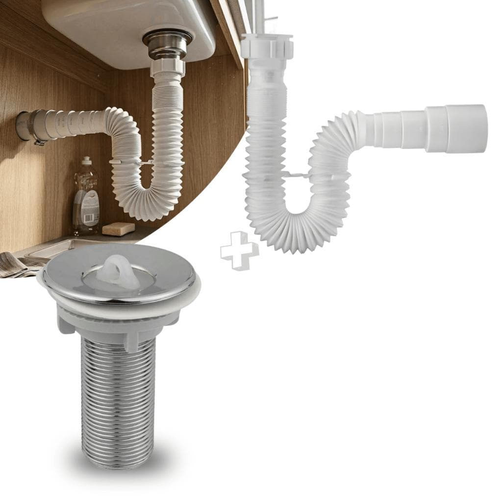 Kit Sifão Universal 70cm Branco + Válvula Lavatório 7/8 Cromada Banheiro Cuba Pia Completo