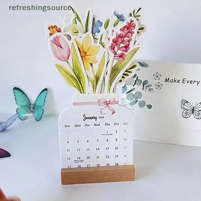 [T & B] 2026 Flores Bloomy Calendário De Mesa Mini Em Pé Planejador Mensal Semelhante A Vaso Para Escritório Escolar Cas