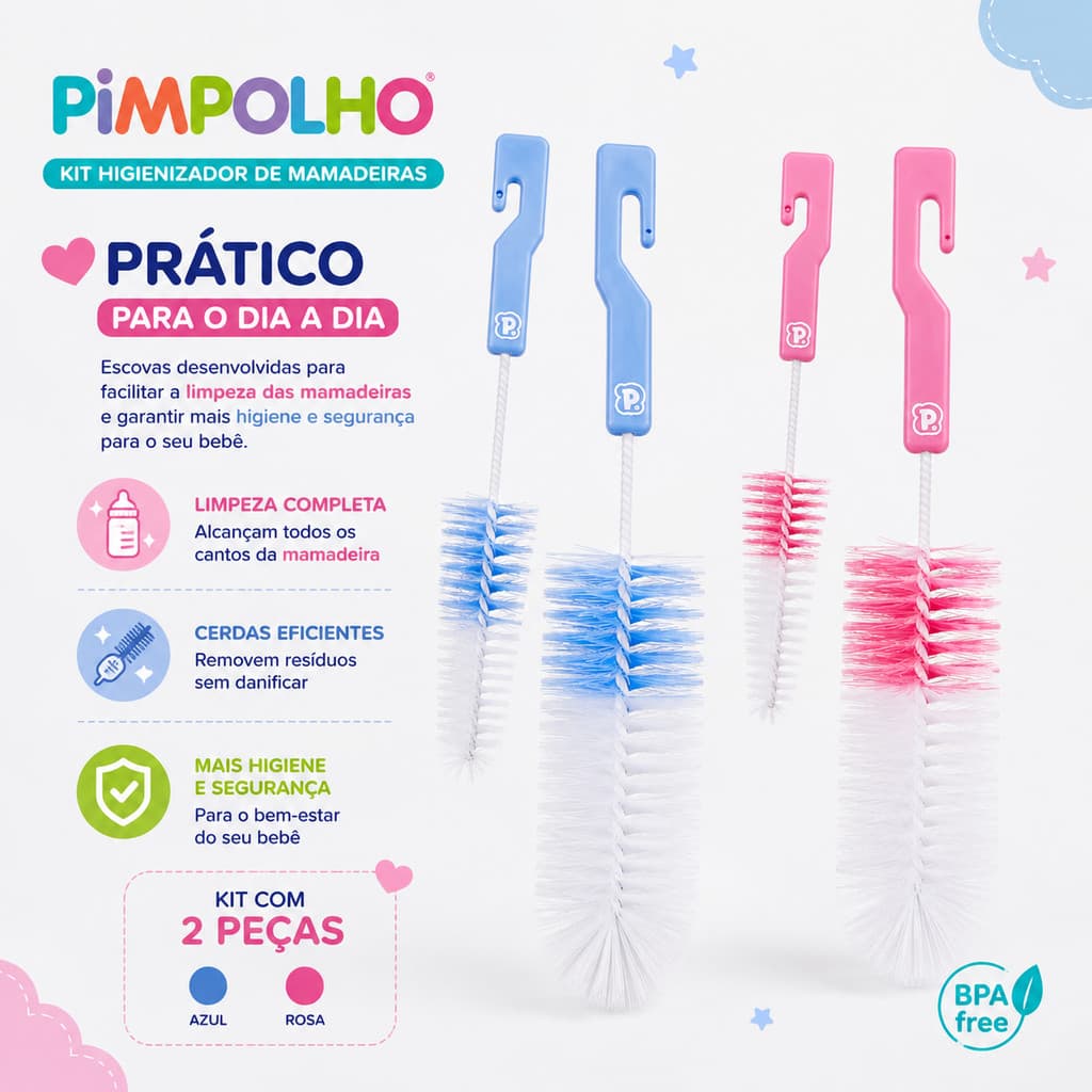 Kit Higienizador de Mamadeira Pimpolho 2 Peças Escova para Mamadeira e Bico