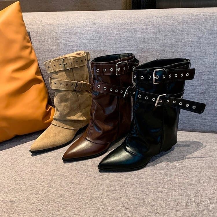 Botas Femininas de Bico Fino, Botas Curtas Soltas e Casuais com Salto Grosso, Botas da Moda, Tamanhos 35-42