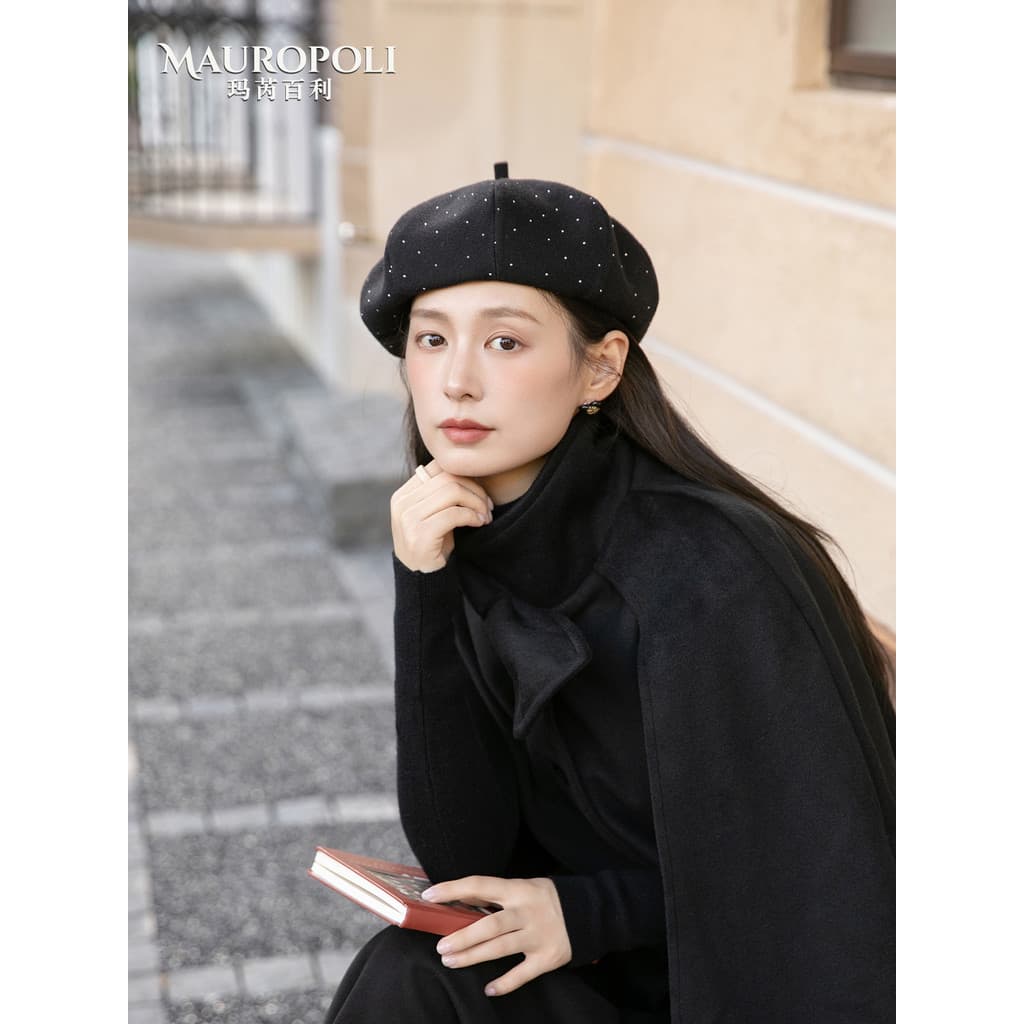 Boina octogonal preta feminina outono chapéu de abóbora francesa boina fina inverno rosto mostrando pequeno chapéu femin