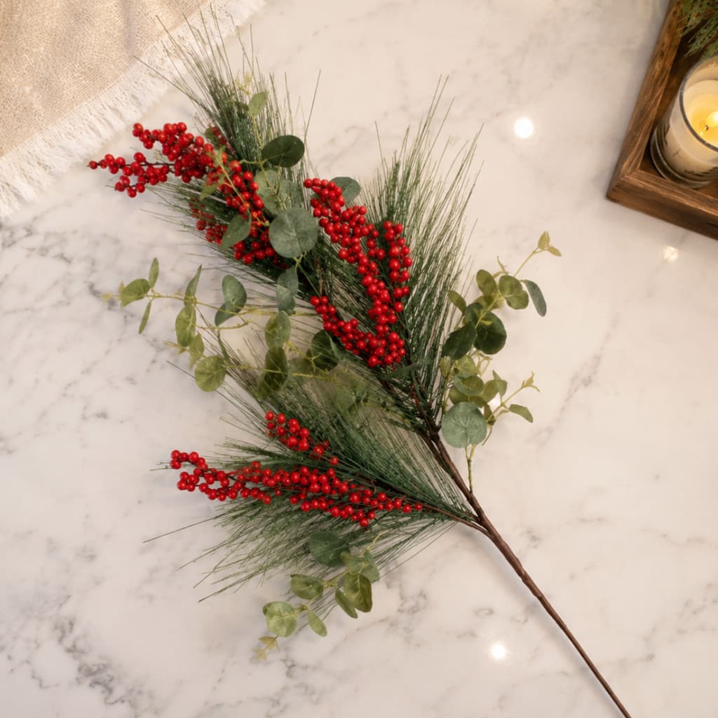 Galho Artificial Pinheiro Eucalipto Frutos Vermelhos 80cm Decorativo Arranjo Natalino