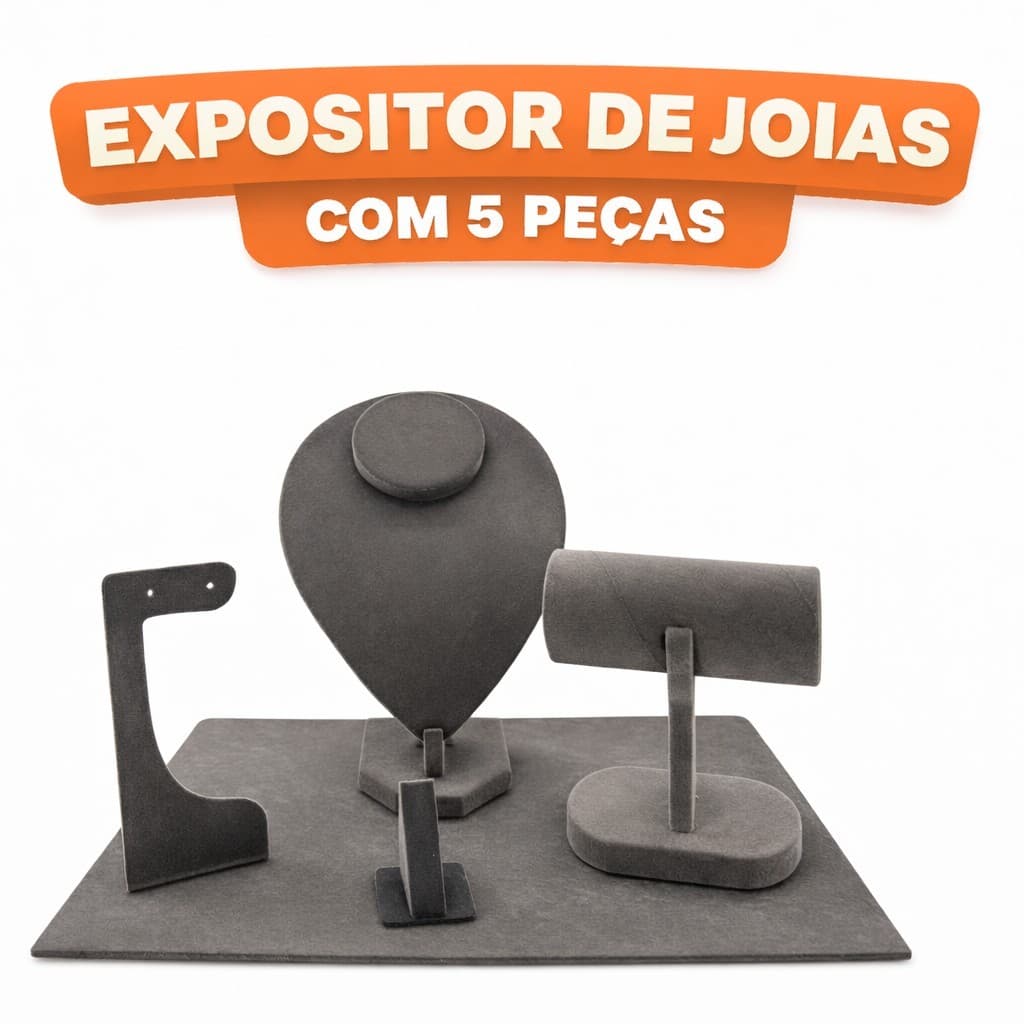 Kit Expositor de Joias Veludo 5 Peças Porta Colar Brinco Pulseira Anel Base