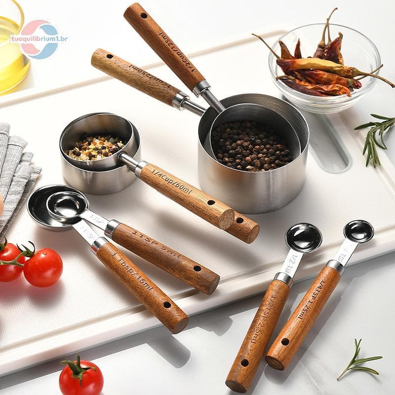 tue 4/8 Pçs Alça De Madeira Copos De Medição De Aço Inoxidável Colheres Ferramentas De Cozimento Colher Café Conjunto Ac