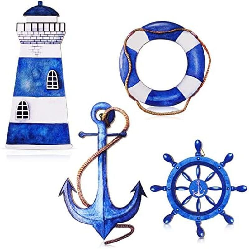 Yookeer 4 Peças Decoração De Parede Costeira De Praia Oceano Náutico Banheiro Farol De Madeira Navio Roda Âncora Sinais