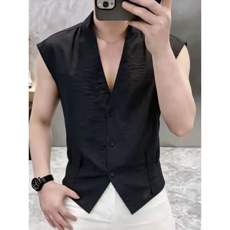 Luz estilo de luxo com decote em V sem mangas colete masculino Street Wear topo fino-ajuste impresso colete verão na mod