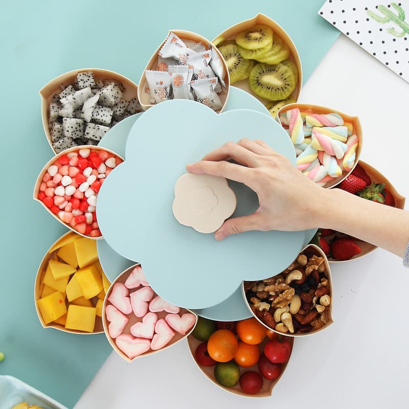 Bandeja de doces rotativa dupla, forma de pétala doméstica, bandeja de frutas secas, sala de estar, compartimento para l