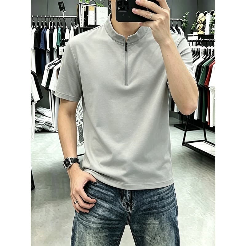 Verão novo estilo meio zíper gola alta cor sólida manga curta camiseta masculina Casual All-Match