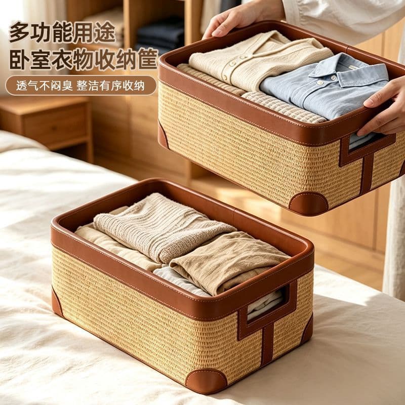 Cesta de armazenamento de Rattan com alça, roupas domésticas, calças, caixa de armazenamento, quarto, calças, organizado