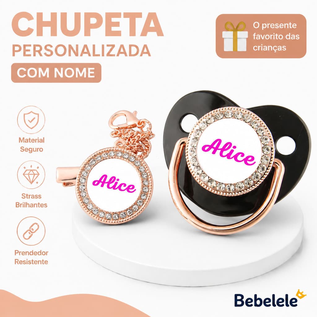 Chupeta para bebê, preta, personalizada com o nome/foto da menina, inclui prendedor de chupeta, chupeta personalizada OB