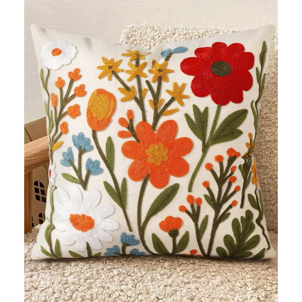 Capa de Almofada Bordada 18x18 Polegadas, Motivo de Flores | Capa de Almofada Decorativa, Almofada Floral Estilo Fazenda