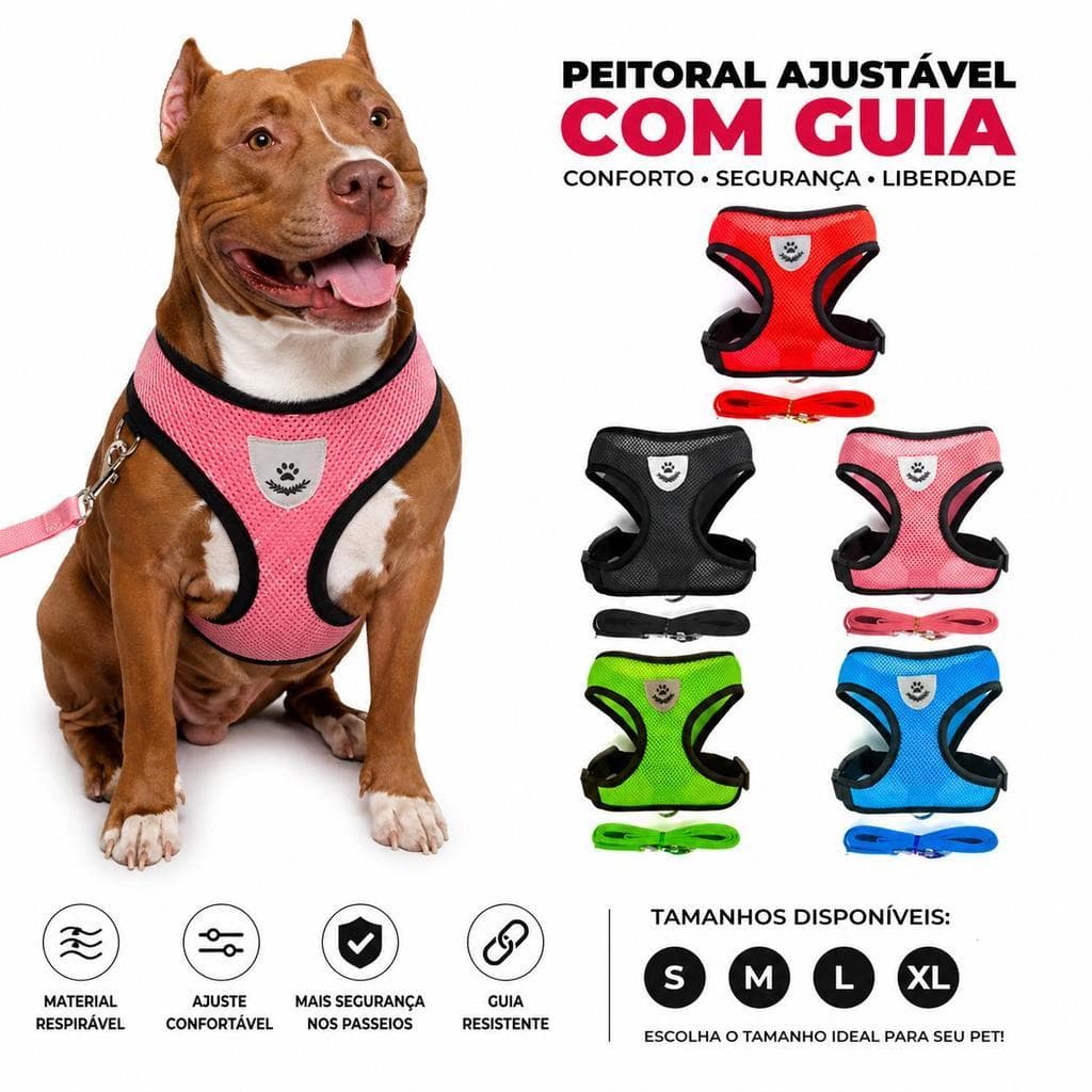 Peitoral para Cachorro Ajustável com Guia Tamanhos S M L XL Confortável Seguro Passeio Pet Cães