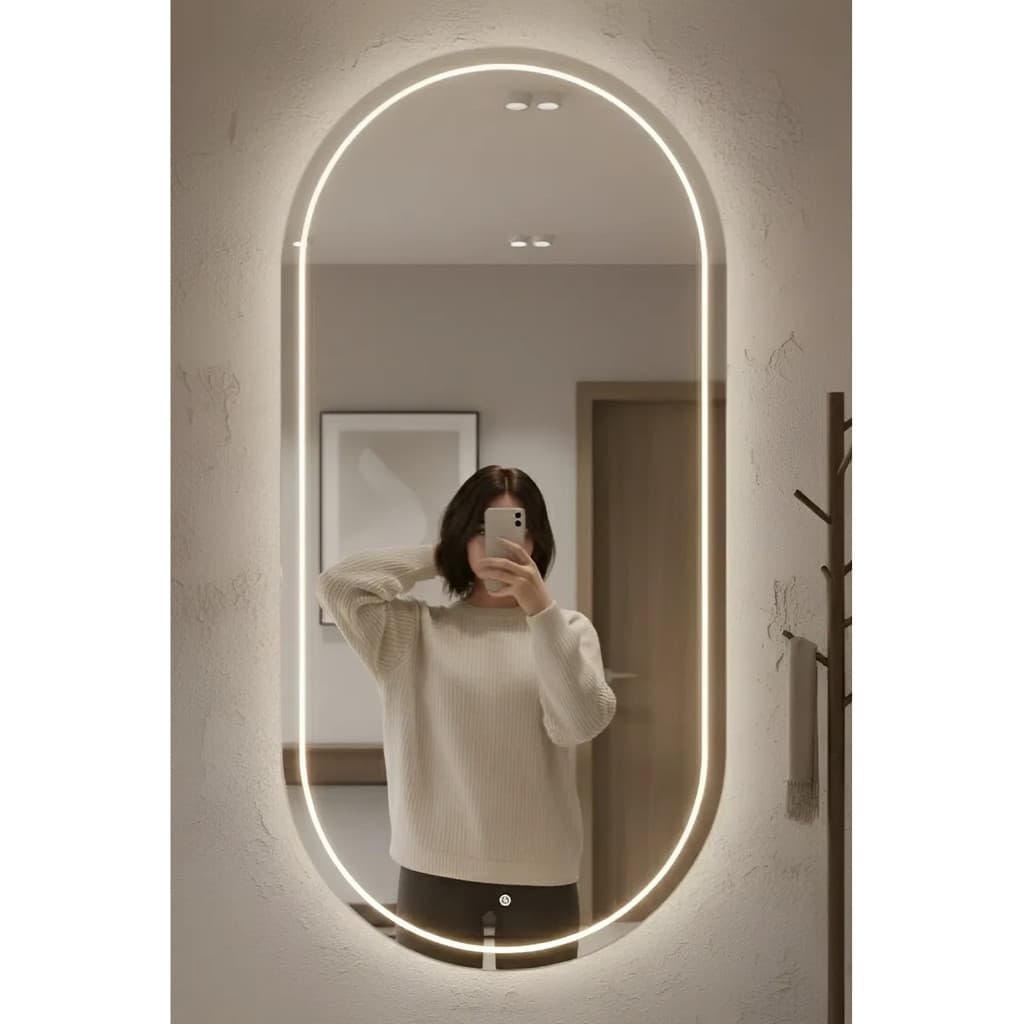 Espelho Oval Grande 40x80cm com LED Mais Forte 3 Cores, Botão Touch, Jateado Premium para Banheiro Luxo