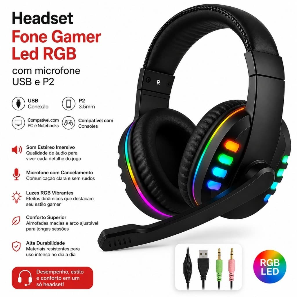 Headset Gamer LED RGB com Microfone, USB e P2, para PC, Celular e Videogame, Modelo KA-9007