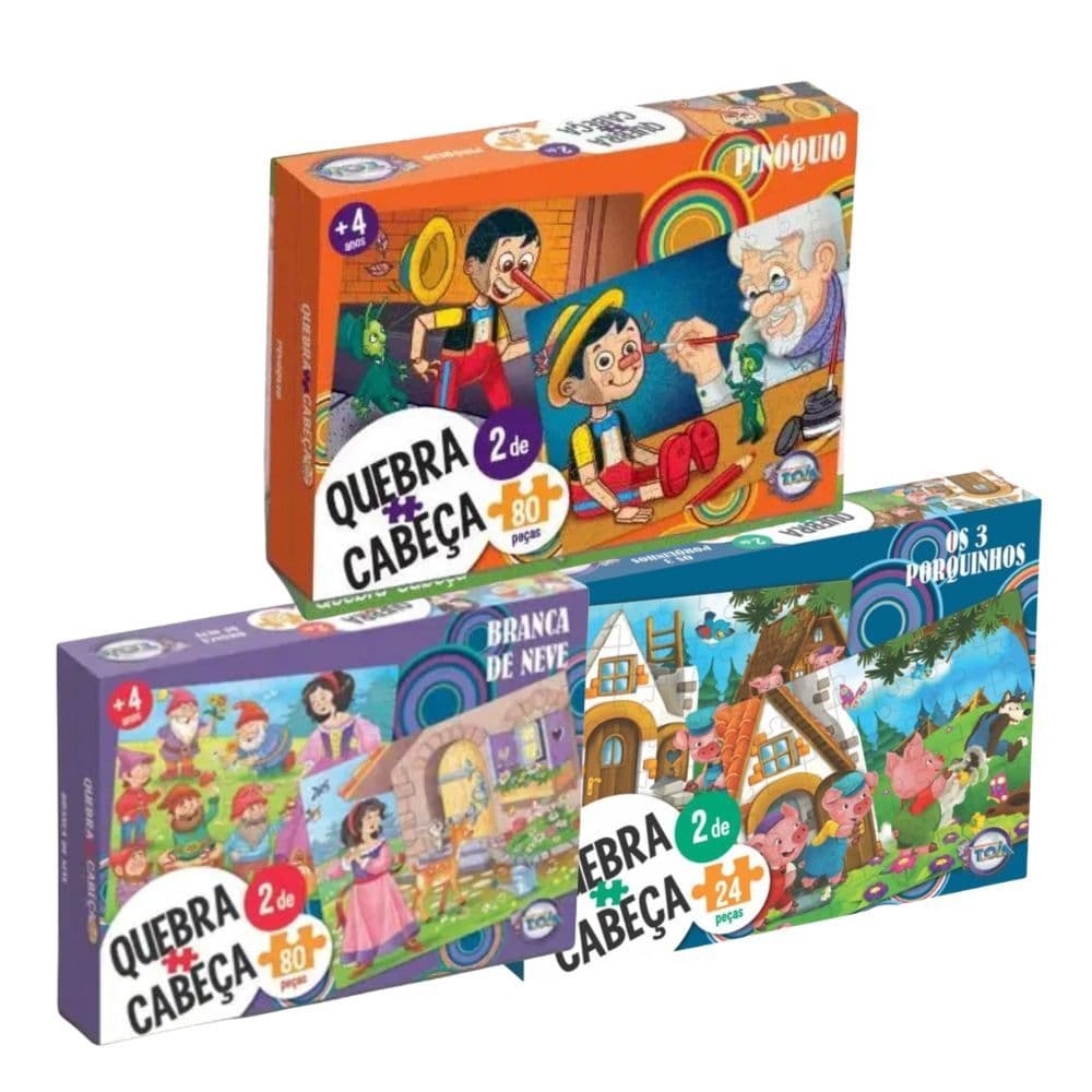 Kit 3 Quebra Cabeças Infantis Os 3 Porquinhos Branca De Neve E Pinóquio Toia