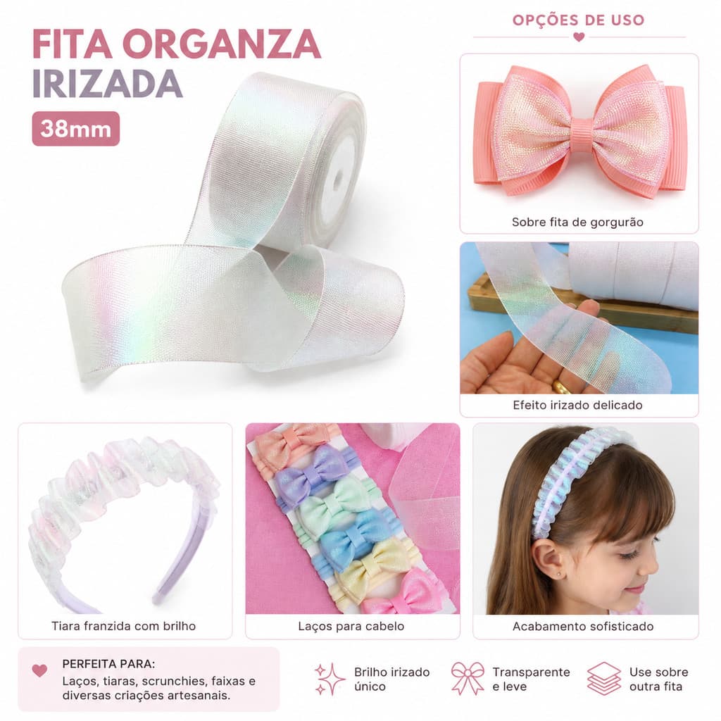Fita Mágica de Organza Irizada 38mm com Lurex - Efeito Holográfico com Leveza e Movimento para Laços e Tiaras