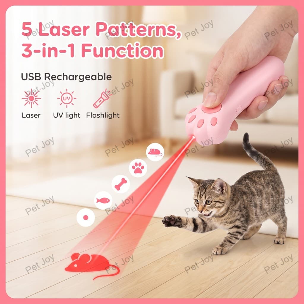 Varinha Laser Recarregável para Gatos com 5 Padrões de Projeção, Brinquedo Interativo Multifuncional para Gatos, Detecto