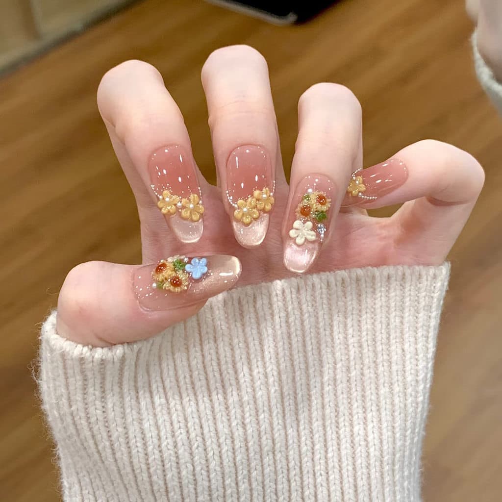 Novo estilo gelo transparente tridimensional girassol flor olho de gato artesanal usar prego suave High-End Manicure rem
