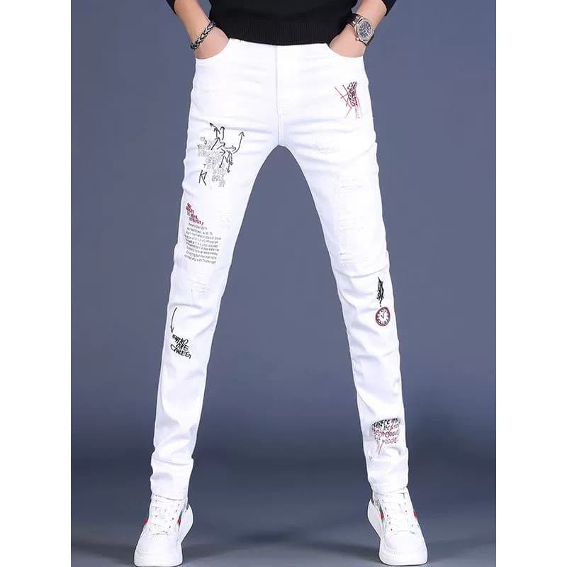Street Wear bordado branco Jeans elástico fino-ajuste pés pequenos bordados All-match Casual Popular calças masculinas c