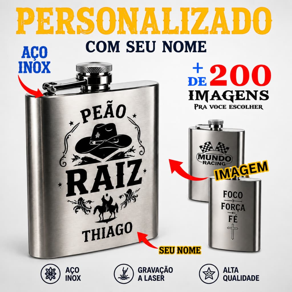 Cantil Personalizado Porta Whisky Vodka Rum Aço Inox Gravado Nome & Imagem