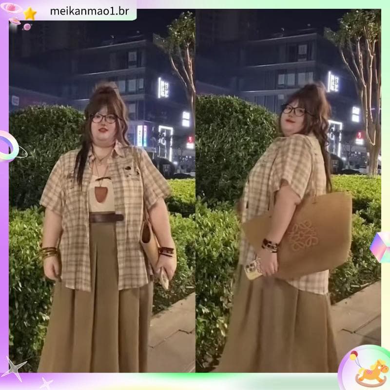 Loja venda quente Super mais magro olhar Plus Size terno feminino verão gordura MM estilo Preppy padrão longo camisa de