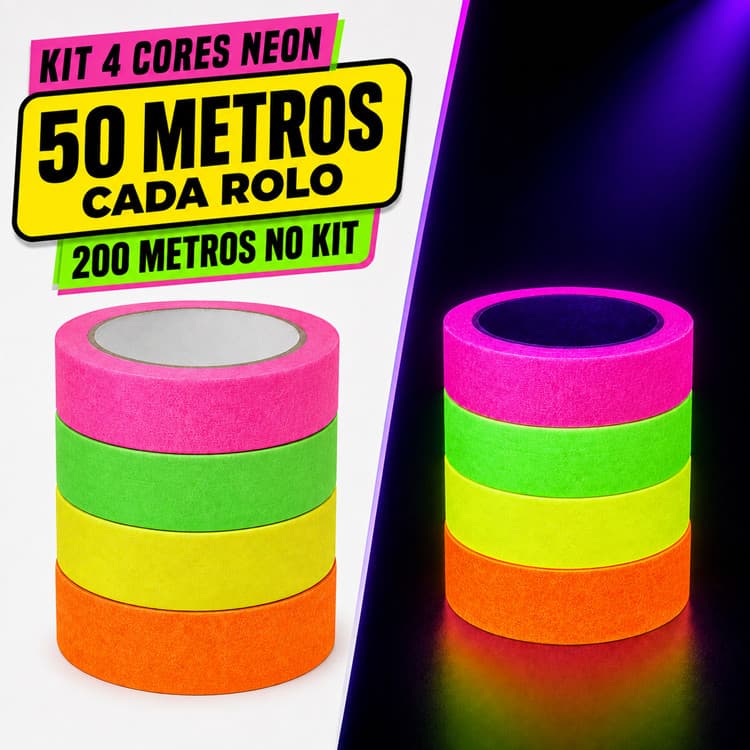 KIT COM 4 FITAS CREPE FLUORESCENTES NEON – 18mm x 50 METROS CADA