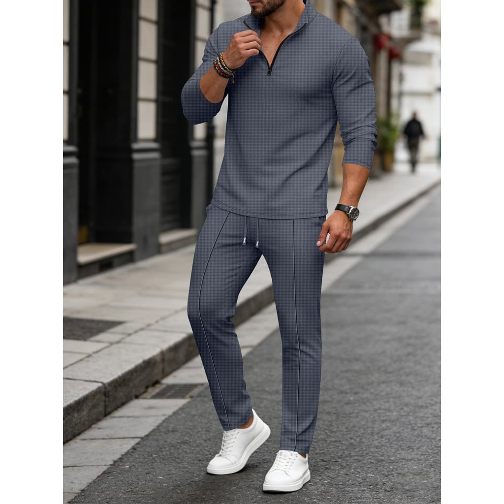 [Estilo mais vendido] Masculino Casual gola alta com zíper moletom esportivo de manga comprida + calças conjunto masculi
