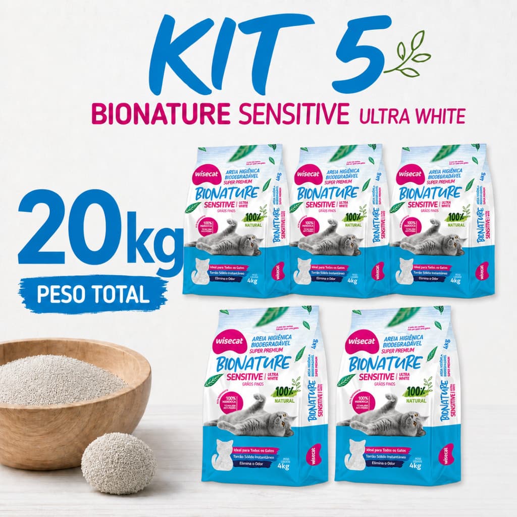 Kit 5 Areia Sanitária De Mandioca Grãos Finos Para Gatos Biodegradável Wisecat 4kg