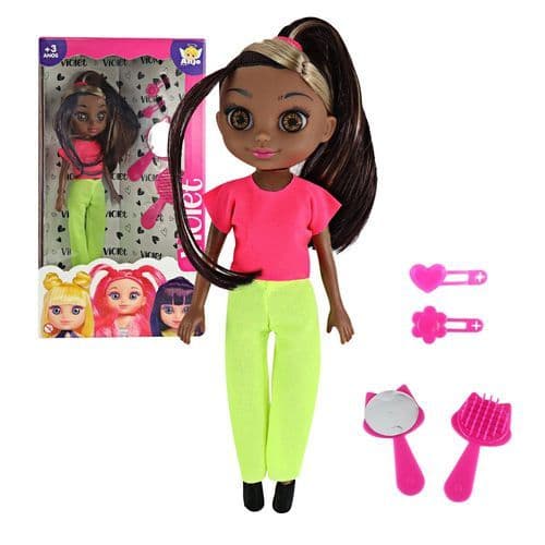 Boneca Negra 30cm Acessorios Completos Pente Espelho Prendedores Cabelo Brinquedo Educativo