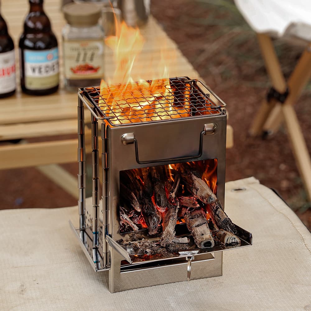 Fogão a lenha quadrado ao ar livre Mini grelha de aço inoxidável churrasco acampamento piquenique dobrável churrasqueira