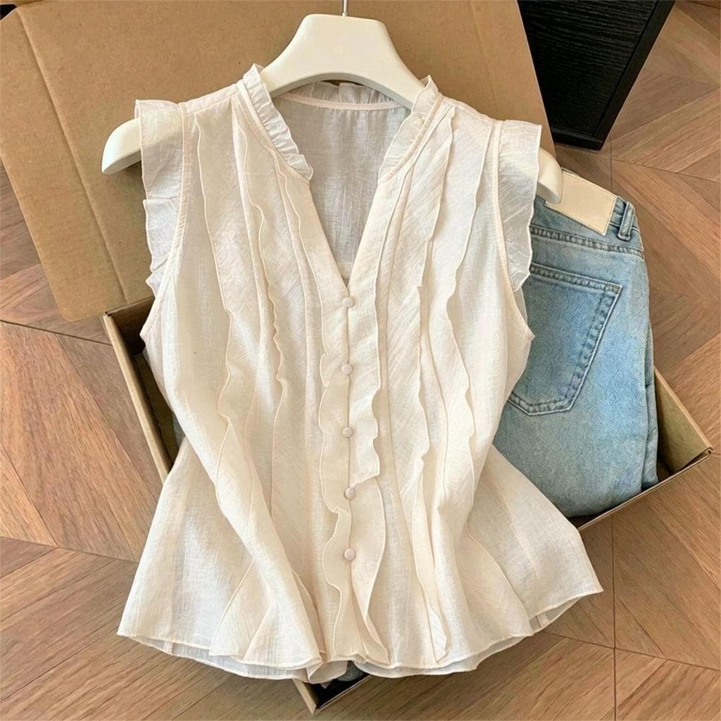 [Novidades] Camisa elegante e bonita sem mangas com borda fungo, verão 2026 novo estilo lindo e elegante Top rosa solto