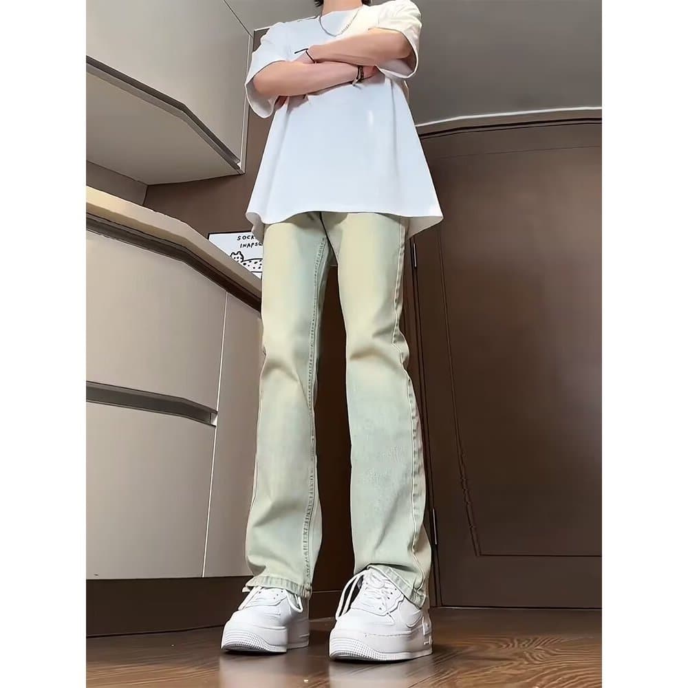 Lama amarela Retro Jeans masculino outono venda quente americano High Street vibe calças Drape olhar alto fino-ajuste em